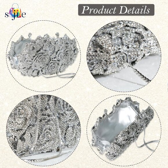 ⚡ Women's Rhinestone Sparkly Handmade Glitter Diamond Flower Silver Clutch Bag - Picture 4 of 6
